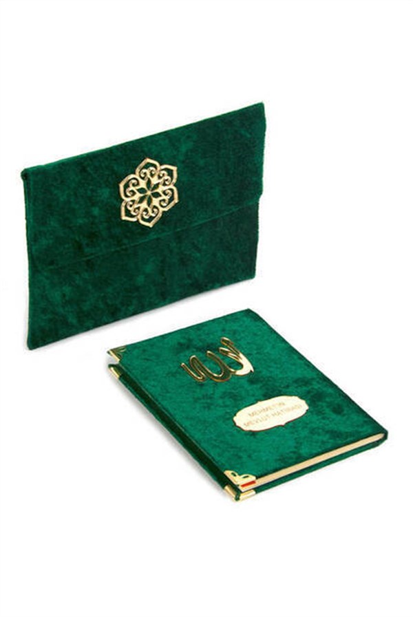 Kadife Kaplı Yasin Kitabı - Çanta Boy - İsme Özel Plakalı - Keseli -  Yeşil Renk - Dini Hediyelik