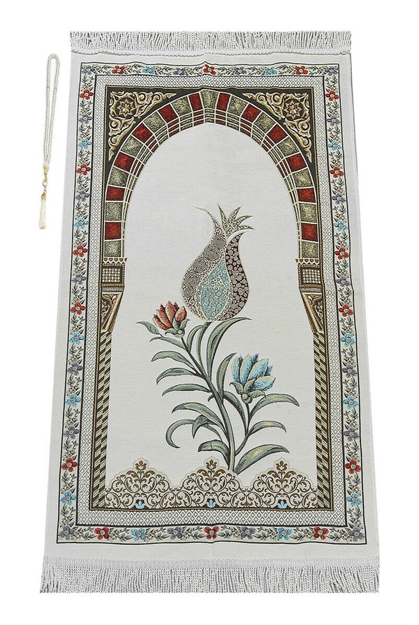 Osmanlı Kemer Mihraplı Lale Motifli Şönil Seccade Beyaz
