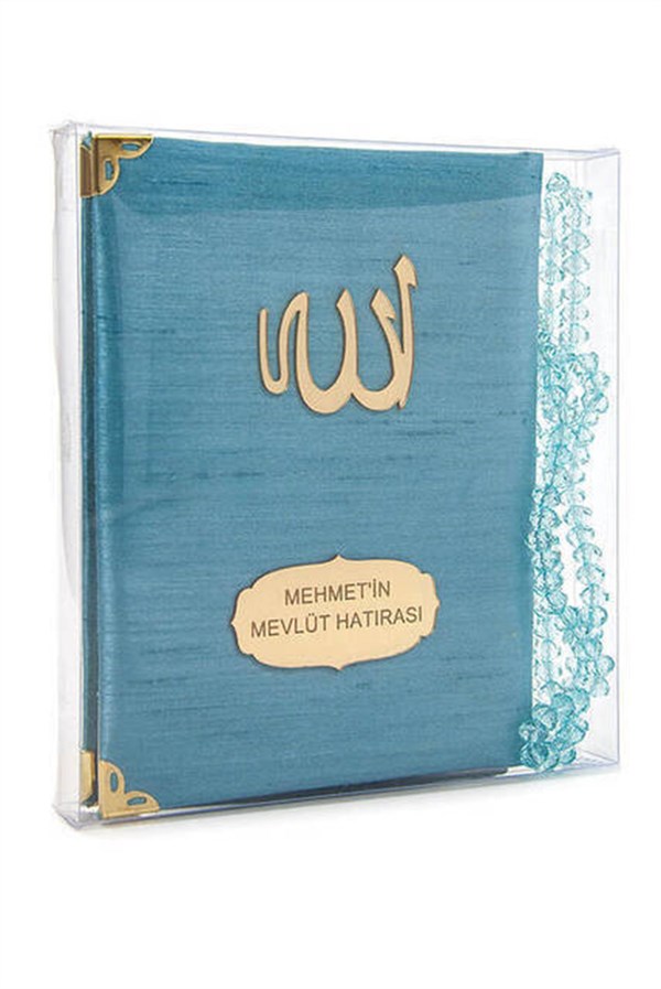 Şantuk Kumaş Kaplı Yasin Kitabı - Çanta Boy - İsme Özel Plakalı - Tesbihli - Kutulu - Mavi Renk - İslami Hediyeler