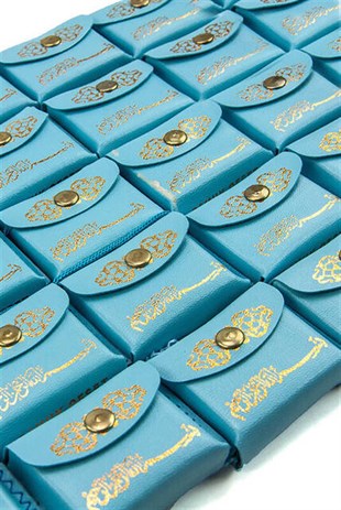 Deri Çantalı Mini Kuranı Kerim - Sade Arapça - Mavi Renk - 25 Adet
