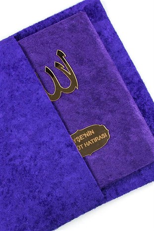Kadife Kaplı Yasin Kitabı - Çanta Boy - İsme Özel Plakalı - Tesbihli - Keseli - Kutulu - Mor Renk - Mevlit Hediyeliği