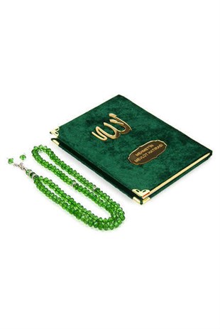Kadife Kaplı Yasin Kitabı - Çanta Boy - İsme Özel Plakalı - Tesbihli - Keseli - Yeşil Renk - Mevlüt Hediyeliği