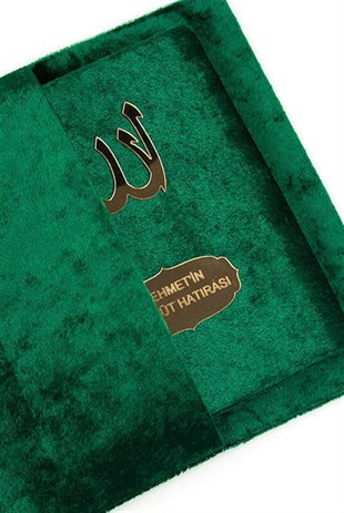Kadife Kaplı Yasin Kitabı - Çanta Boy - İsme Özel Plakalı - Keseli -  Yeşil Renk - Dini Hediyelik