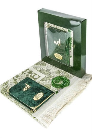 Kadife Yasin Kitabı Çanta Boy İsim Plakalı Seccade Tesbihli Kutulu Yeşil