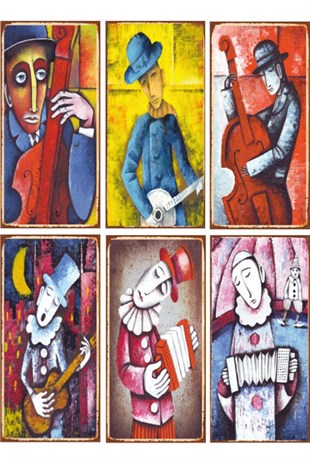 Müzik ve Müzisyenler 6'lı Sanatsal Mini Ahşap Poster Seti