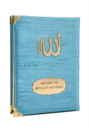 Şantuk Kumaş Kaplı Yasin Kitabı - Çanta Boy - İsme Özel Plakalı - Mavi Renk - İslami Hediyeler