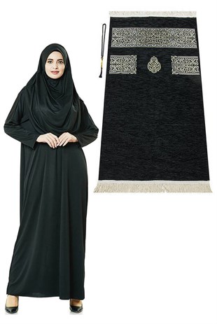 Siyah Namaz Elbisesi - Kabe Motifli Seccade ve Tesbih - İbadet Seti