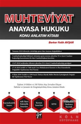 Berker Fatih AvşarSınavlara Hazırlık KitaplarıMuhteviyat Anayasa Hukuku Konu Anlatım Kitabı