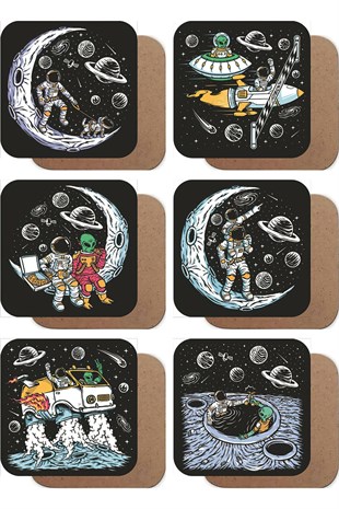 uzayda hayat var, eğlenceli astronot 6lı ahşap bardak altlığı seti